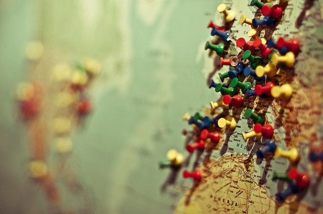 Map with pins in to highlight countries