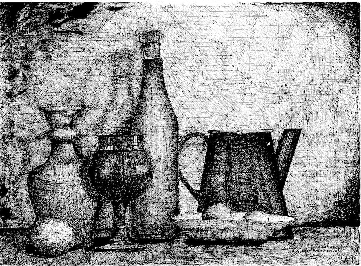 Black and white illustration of jugs and fruit
