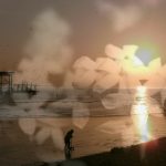 Composite image: Beach at sunset with overlaid flowers