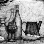 Black and white illustration of jugs and fruit